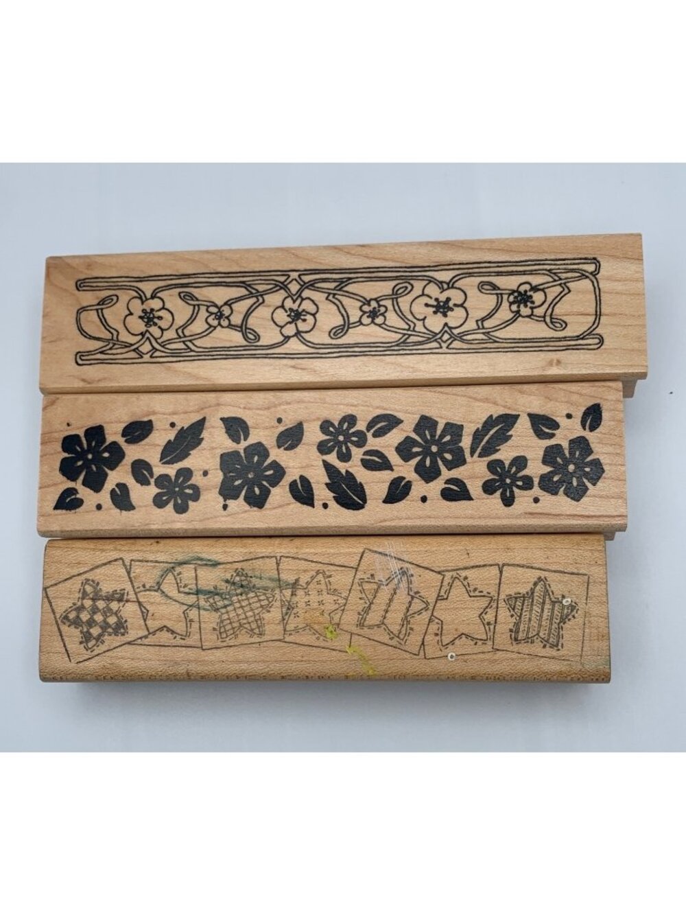 Rubber Stamp Set Floral & Star Borders Decorative Wood Crafting Block Trio